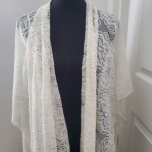 Faded Glory New Lace Kimono Fringed Open Front Boho Cardigan Ivory One Size